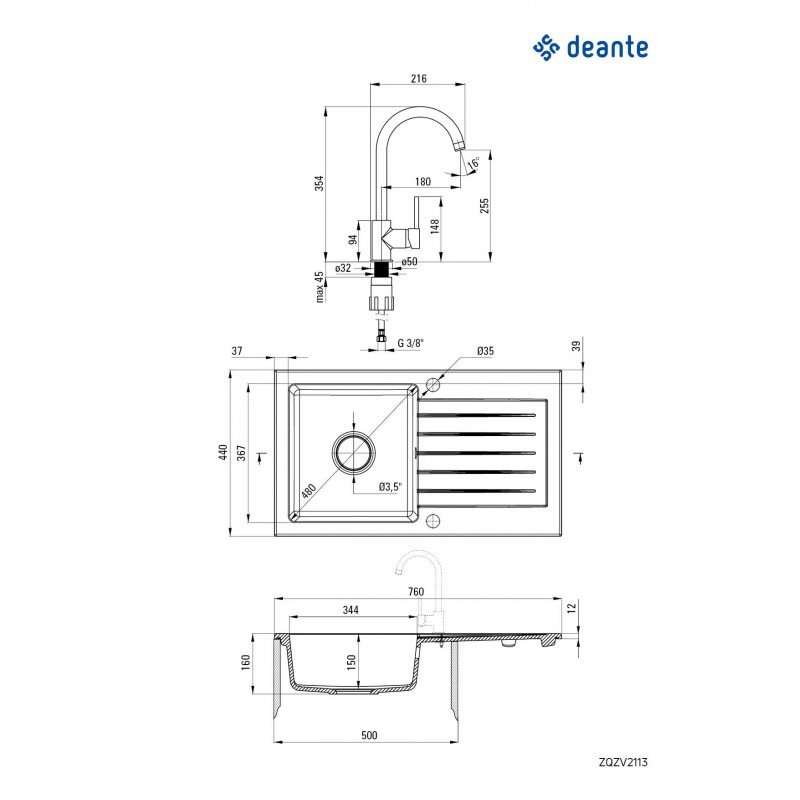 Deante Набір для кухні Zorba, гранітна мийка ZQZ_7113 + зміш. BEN_762M, пісок