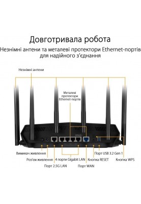 ASUS Маршрутизатор TUF-AX6000 4xGE LAN 1x2.5GE LAN 1x2.5GE WAN 1xUSB3.2 MU-MIMO OFDMA MESH gaming AURA RGB