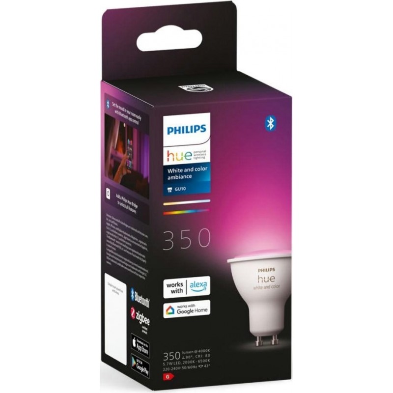 Philips Hue Лампа розумна GU10, 5.7W(50Вт), 2000K-6500K, RGB, ZigBee, Bluetooth, димування