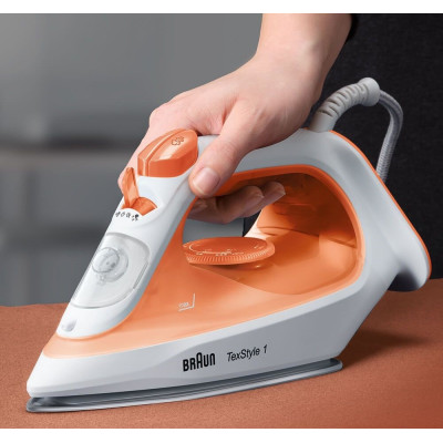 Braun Праска TexStyle 1, 1900Вт, 220мл, паровий удар -120гр, тефлон. підошва, біло-оранжева