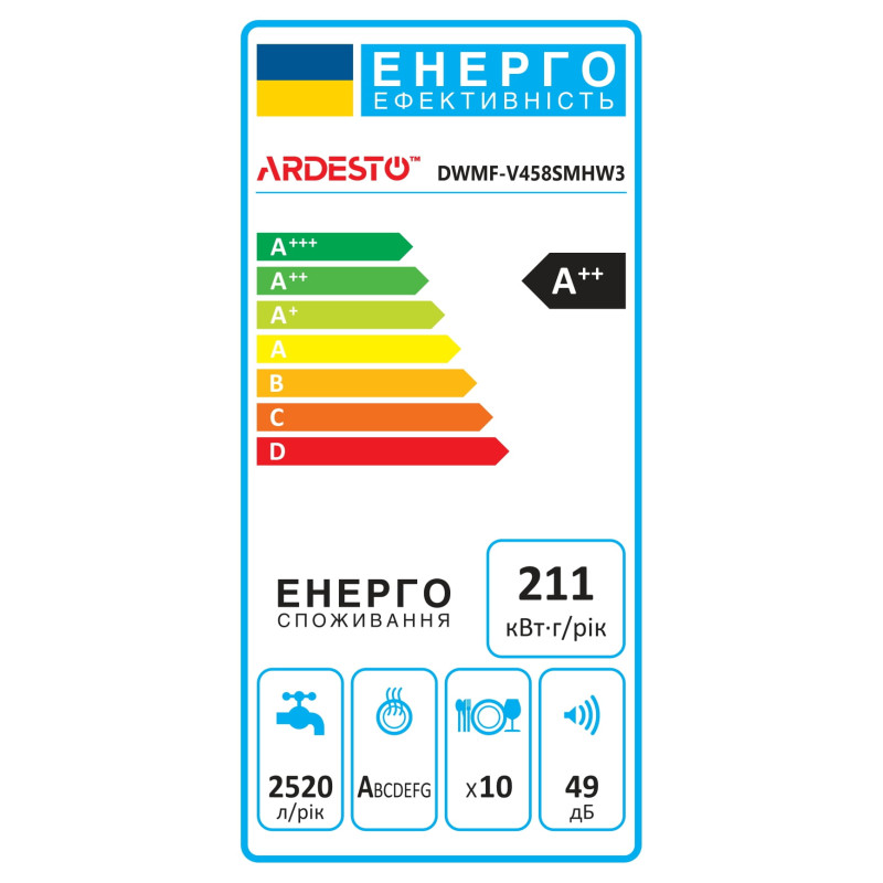 ARDESTO Посудомийна машина, 10компл., А++, 45см, дисплей, 3й кошик, гігієн.обробка, білий