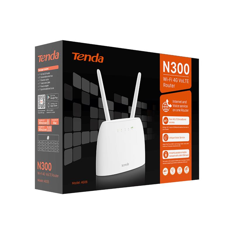 Tenda Маршрутизатор TENDA 4G06 N300, 4G/LTE, 1xFE LAN, 1xFE LAN/WAN, 1xRJ11