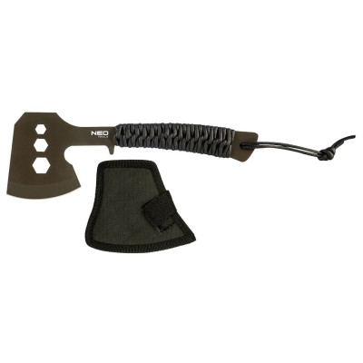Neo Tools 63-118 Сокира туристична, 26см, лезо 8см, 3Cr13, ручка з паракорду, нейлоновий чохол, 3 отвори для відкручування гвинтів M10, M13, M16