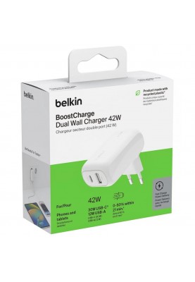 Belkin Зарядний пристрій мережевий 42Вт USB-C PD PPS 30Вт, USB-A 12Вт, білий