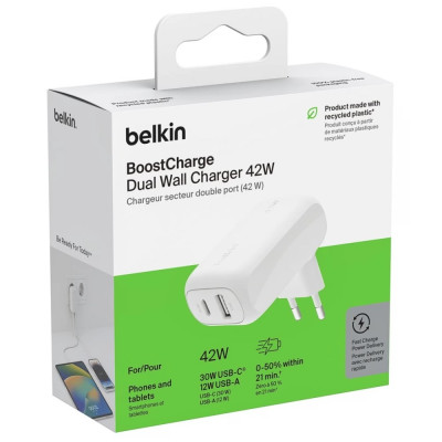 Belkin Зарядний пристрій мережевий 42Вт USB-C PD PPS 30Вт, USB-A 12Вт, білий