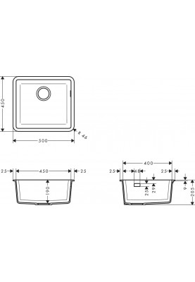 Hansgrohe Мийка кухонна S51, граніт, квадрат, без крила, 500х450х190мм, чаша - 1, врізна, S510-U450, чорний графіт