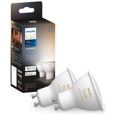 Philips Hue Лампа розумна GU10, 5W(50Вт), 2200K-6500K, Tunable white, ZigBee, Bluetooth, димування, 2шт