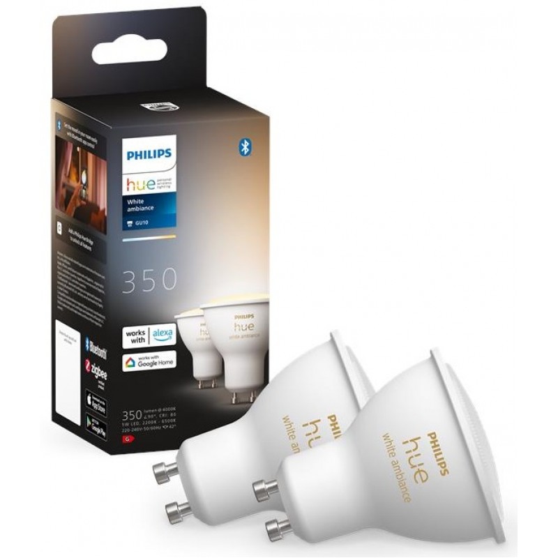 Philips Hue Лампа розумна GU10, 5W(50Вт), 2200K-6500K, Tunable white, ZigBee, Bluetooth, димування, 2шт