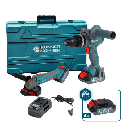Könner & Söhnen Набір із двох акумуляторних інструментів KS IDAGB 20V SET 1 PLUS 20В шурупокрут-дриль ударний, шліфмашина кутова KS AGB20V-125VR, ЗП 2.4А акб 1х2А·год+1х4А·год кейс 8.1кг