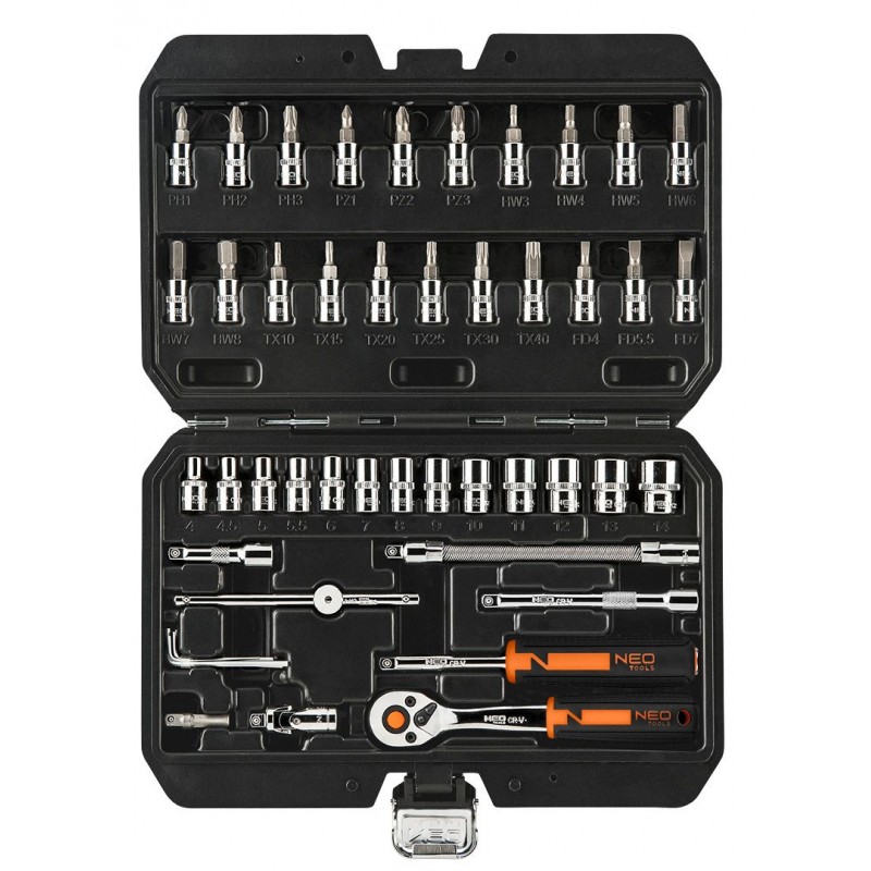 Neo Tools Набір інструментів, Набір торцевих головок, 46шт, 1/4", CrV, кейс