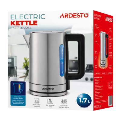 ARDESTO Електрочайник EKL-FD700SS 1.7л/2200Вт/strix контроль/нерж. сталь/підтримка температури/сріблястий