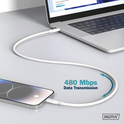 Digitus USB-C > Lightning заряджання/синхронізації, 1м, USB 2.0, 60W, силіконовий, білий