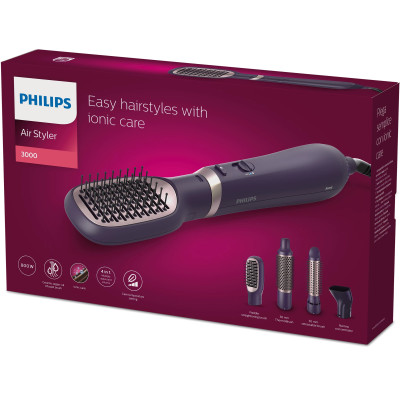 Philips Фен-щітка Philips 3000 Series, 800Вт, 3 режими, іонізація, 4 насадки, фіолетовий