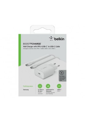 Belkin Зарядний пристрій мережевий 25Вт USB-С PD PPS, кабель USB-С > USB-C, 1м, PVC, білий