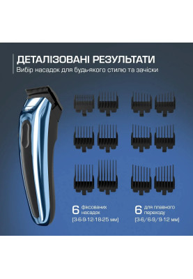 Rowenta Машинка для стрижки Barber Experience, для голови, мережа+акум., роторний мотор DC, насадок-12, нержавіюча сталь з покриттям DLC, синій
