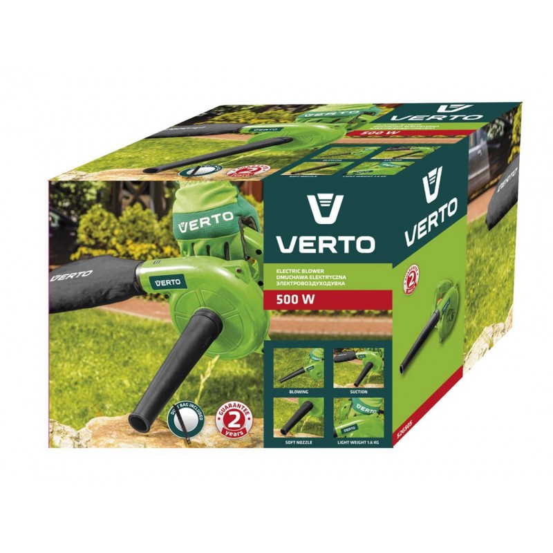 Verto Повітродув-пилосос садовий, 500Вт, потік повітря 2.2 куб/хв, мішок 0.6л, 1.5 кг