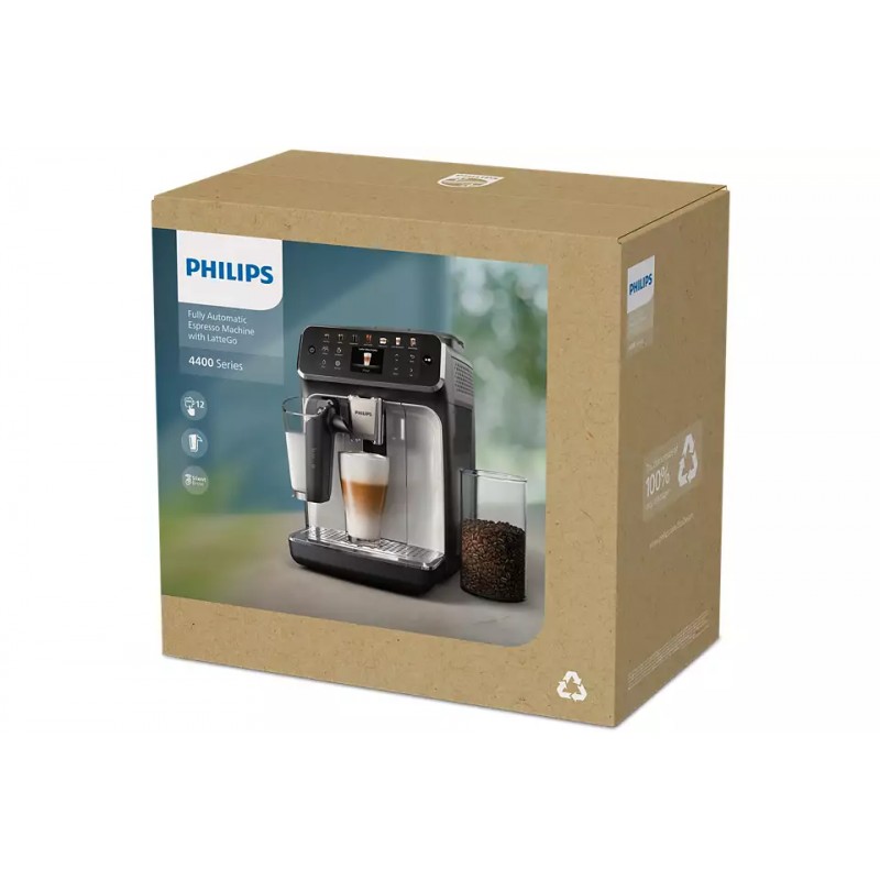 Philips Кавомашина Series 4400 LatteGo, 1.8л, зерно+мелена, автомат.капуч, дисплей, авторецептів -12, біло-срібна