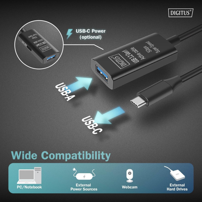Digitus Подовжувач USB 3.2 Gen1 Active Cable 5G, C/M-A/F, 10м, чорний
