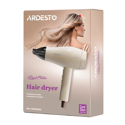 ARDESTO Фен Pearl Cream HD-Y700PERL, 1800-2000Вт, 2 швидкості, 3 темп.режими, бежевий ARDESTO Фен Pearl Cream HD-Y700PERL, 1800-2000Вт, 2 швидкості, 3 темп.режими, бежевий