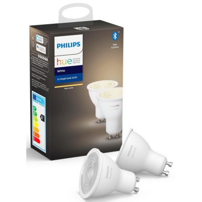 Philips Hue Лампа розумна GU10, 5.2W(57Вт), 2700K, White, ZigBee, Bluetooth, димування, 2шт