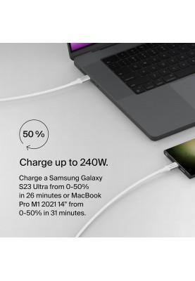 Belkin Кабель USB-C > USB-C заряджання/синхронізації 2м, 240Вт, Type-C, плетений, білий