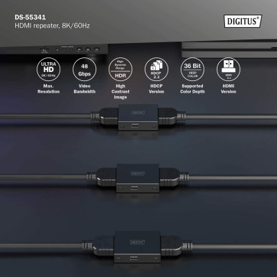 Digitus Повторювач HDMI, 8K/60 Гц (10 м 8K/60 Гц), (13 м 4K/60 Гц)