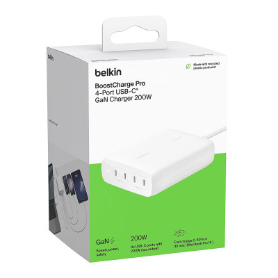 Belkin Зарядне пристрій мережевий 200Вт 4хUSB-С GAN PD PPS, білий