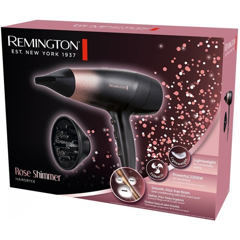 Remington Фен ROSE SHIMMER, 2200Вт, 3 режими, дифузор, іоніз-я, хол. обдув, чорно-рожевий