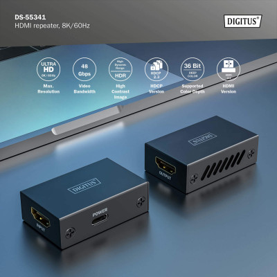 Digitus Повторювач HDMI, 8K/60 Гц (10 м 8K/60 Гц), (13 м 4K/60 Гц)