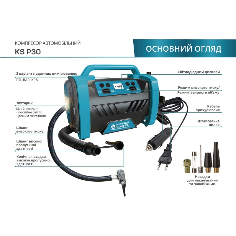 Könner & Söhnen Компресор повітряний KS P30, 12В, 120Вт, 150psi, 35л/хв, 1.8кг