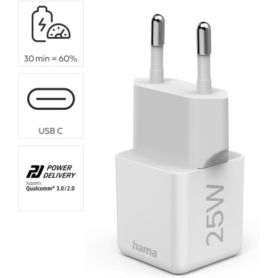 HAMA Зарядний пристрій мережевий 25Вт USB-С, PD, білий