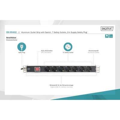 Digitus Блок розеток 1U, 7xSchuko, 16A, 250V, вимикач, вилка Schuko Digitus Блок розеток 1U, 7xSchuko, 16A, 250V, вимикач, вилка Schuko