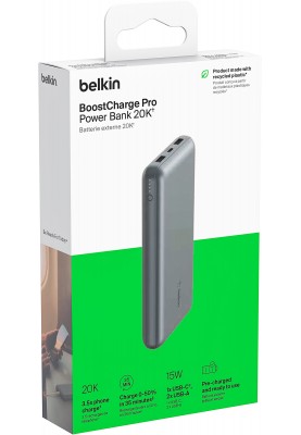 Belkin Акумулятор портативний літій-іонний Power Bank 10000мА·рік, 15Вт, 2хUSB-A/USB-C, сірий