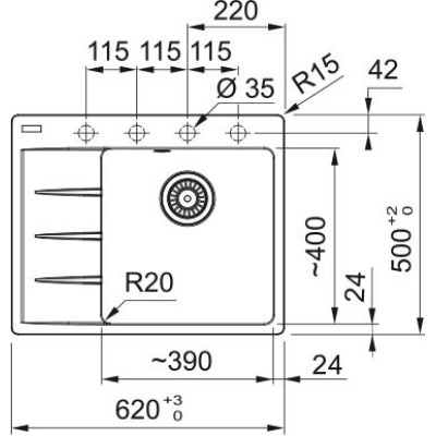 Franke Мийка кухонна Centro, фраграніт, прямокутник, з крилом, 620х500х200мм, чаша - 1, накладна, CNG 611-62 TL , сірий камінь