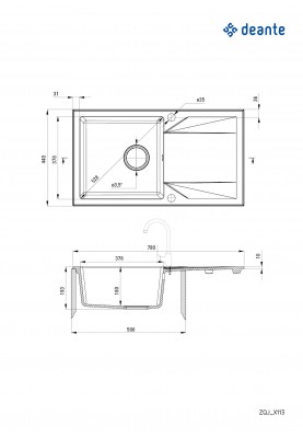 Deante Мийка кухонна Evora, граніт, прямокутник, з крилом, 780х440х193мм, чаша - 1, накладна, графіт
