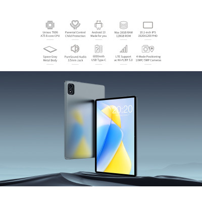 TECLAST Планшет P40HD 10.1" 8GB, 128GB, LTE, 6000mAh, Android, сірий