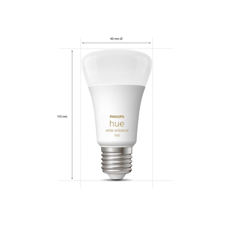 Philips Hue Лампа розумна E27, 11W(60Вт), 2200K-6500K, Tunable white, ZigBee, Bluetooth, димування