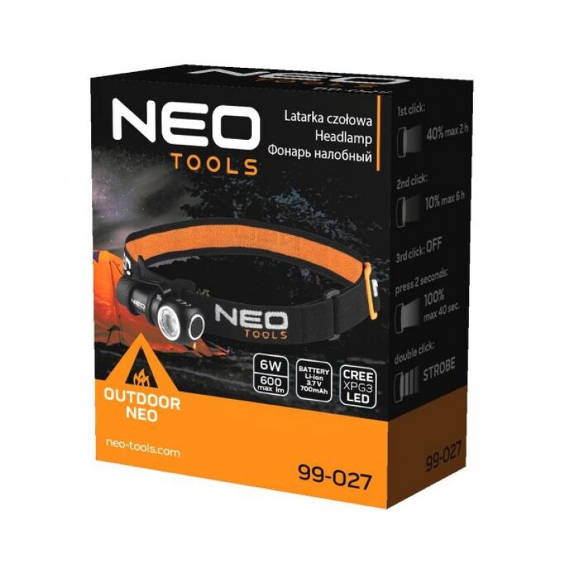 Neo Tools Ліхтар налобний, акум. USB, 700 мАг, 3,7 Li-ion, 6Вт, 600 лм