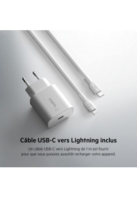 Belkin Зарядний пристрій мережевий 25Вт USB-С PD PPS, кабель USB-С > Lightning, 1м, PVC, білий