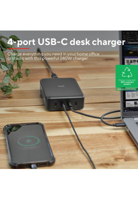 Trust Зарядне пристрій мережевий Maxo 240Вт, GaN, 4xUSB-C, PD, чорний