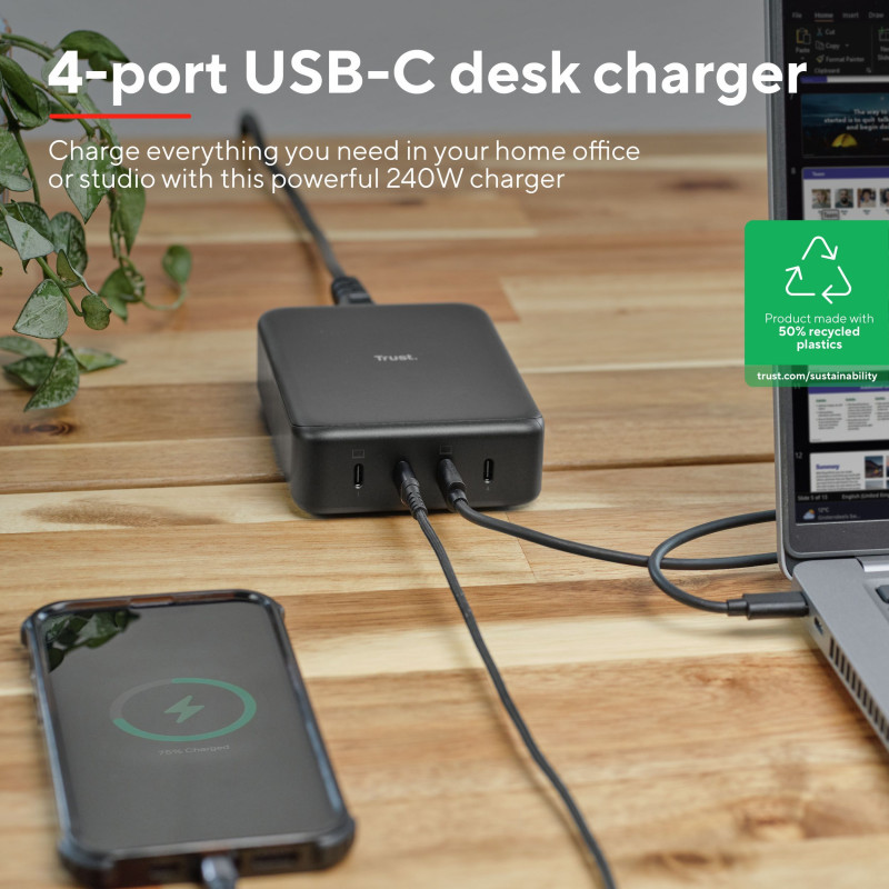 Trust Зарядний пристрій мережевий Maxo 240Вт,GaN, 4xUSB-C,PD, чорний