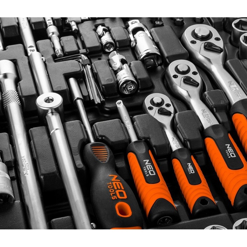 Neo Tools Набір інструменту, 216 од., 1/2", 3/8", 1/4", торцеві головки, ключі, кейс