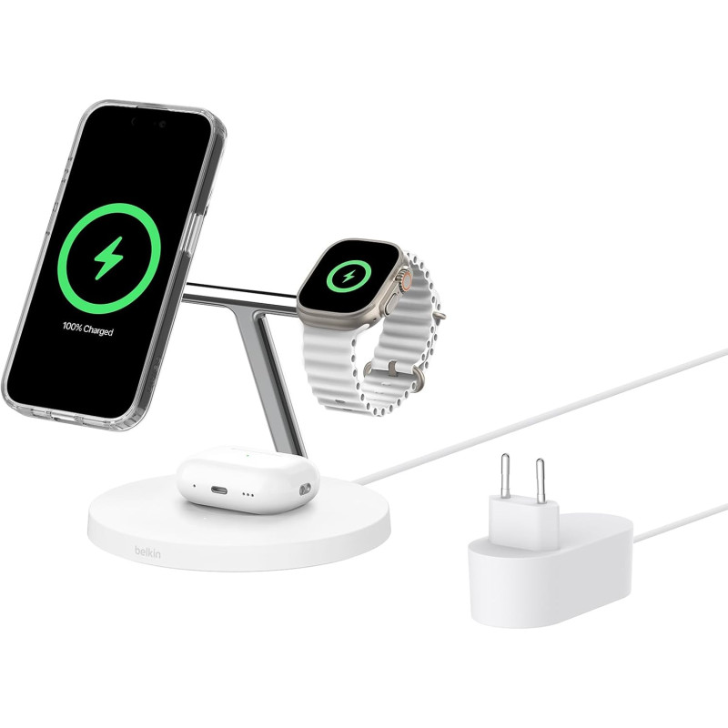 Belkin Зарядний пристрій бездротовий 3в1 Magnetic Pad Qi2 15Вт, білий