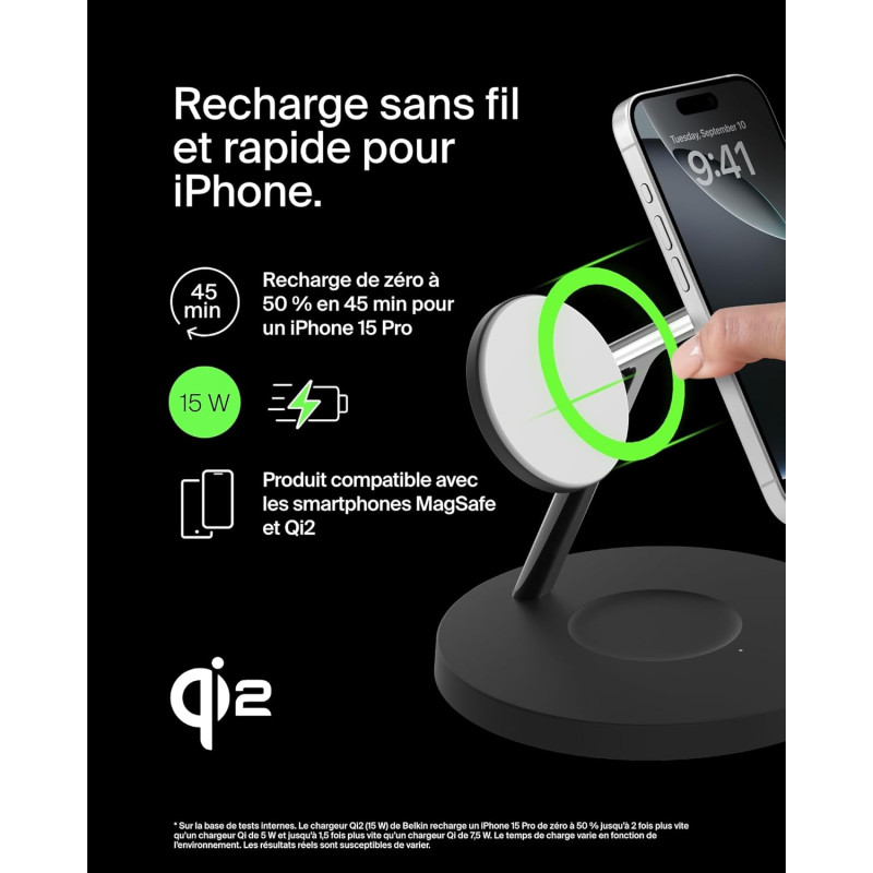 Belkin Зарядний пристрій бездротовий 3в1 Magnetic Pad Qi2 15Вт, чорний