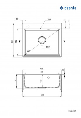 Deante Мийка кухонна Andante, граніт, прямокутник, без крила, 600х520х210мм, чаша - 1, накладна, графіт