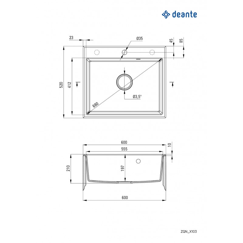 Deante Мийка кухонна Andante, граніт, прямокутник, без крила, 600х520х210мм, чаша - 1, накладна, графіт