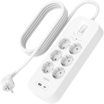 Belkin Подовжувач мережевий 2м, 6хТип, 16А, USB-A/USB-C 18Вт, фільтр, білий