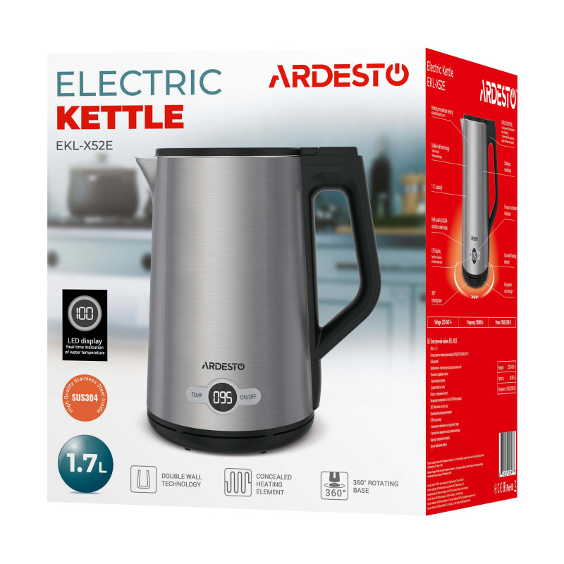 ARDESTO Електрочайник EKL-X52E/1.7 л/2200 Вт/подвійні стінки/LED дисплей/7 темп. режими/Strix контроль/нержавіюча сталь