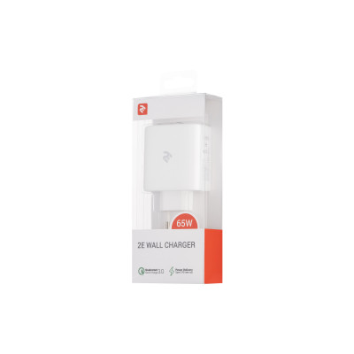 2E Зарядний пристрій мережевий 65Вт 2хUSB-C/USB-A GAN PD/QC, білий