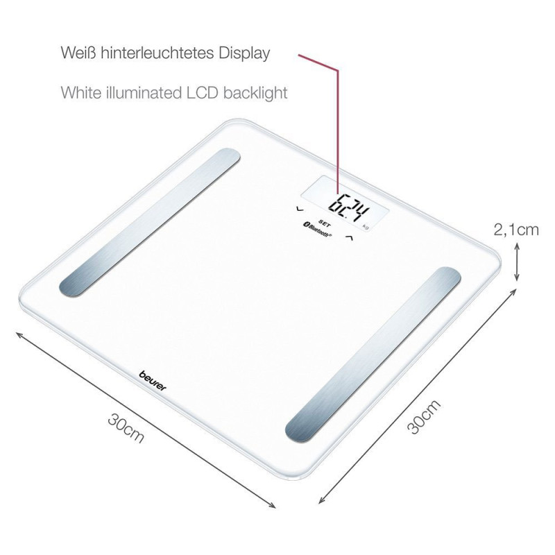 Beurer Ваги підлогові, 180кг, підкл. до смартфону, сенс. керування, AAAх2 в комплекті, скло, білий